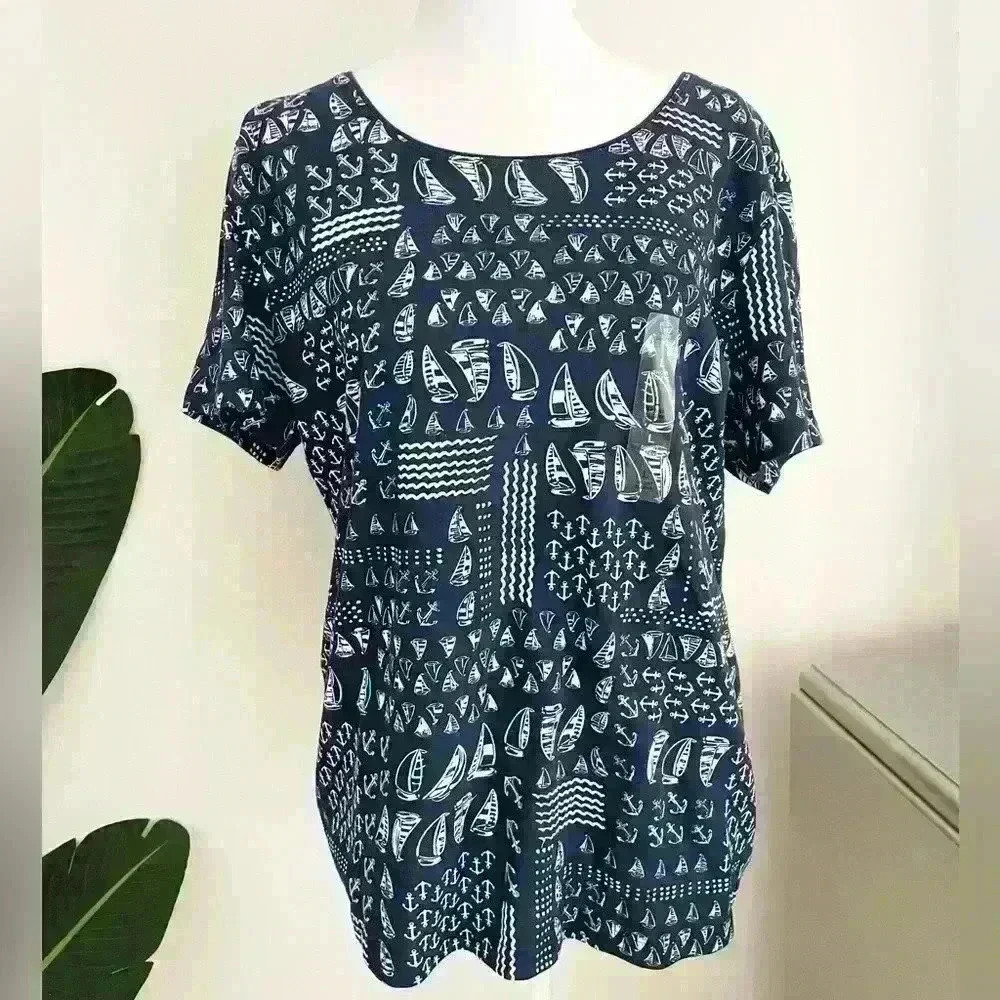 Womens Top Blue White Karen Scott NWT Size Large Nautical Short Sleeve V Neck
